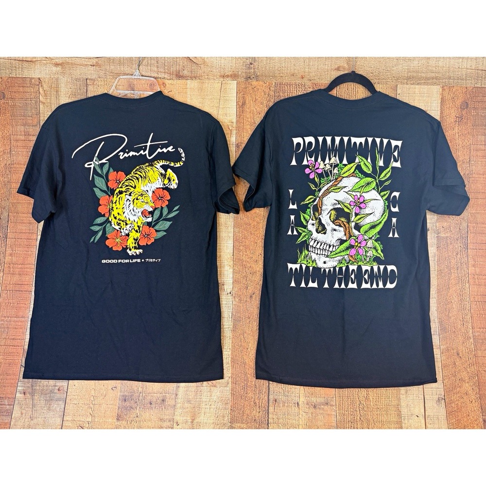 Primitive Skateboarding Shirt Lot 2 Mens Medium Black Tiger Skull Graphic Skater